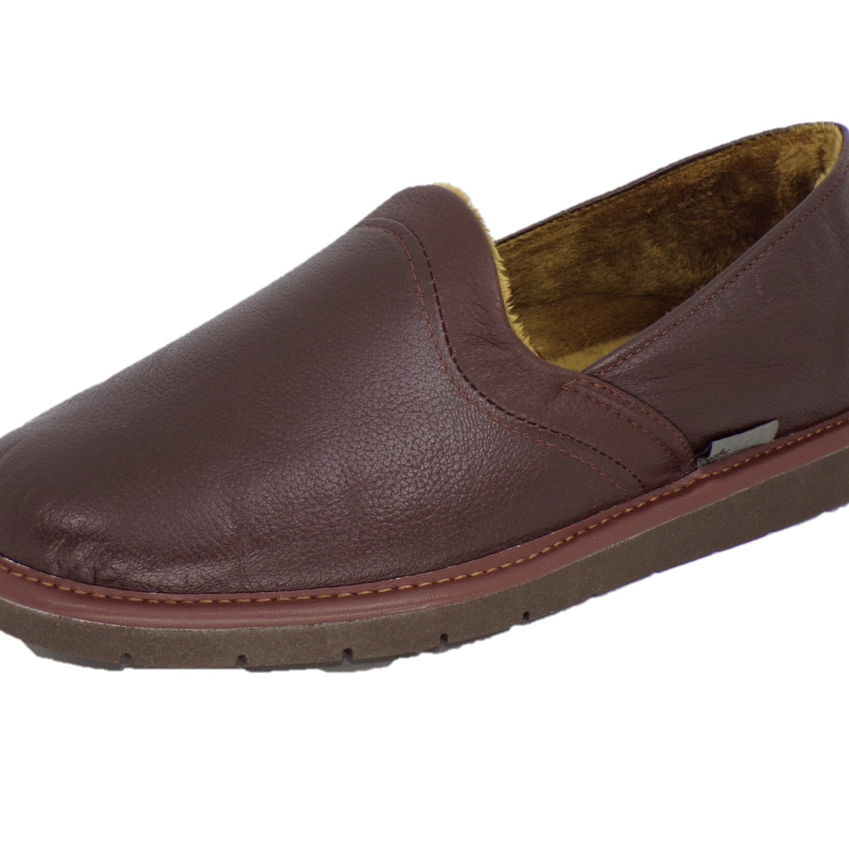Pantuflas E-9573 de piel de borrego para hombre, detalle de la costura