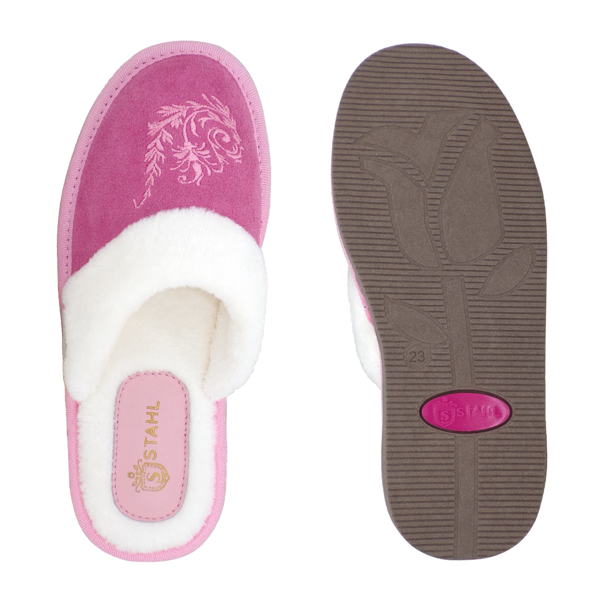 Pantuflas E-3802 de gamuza para mujer, vista de tres cuartos
