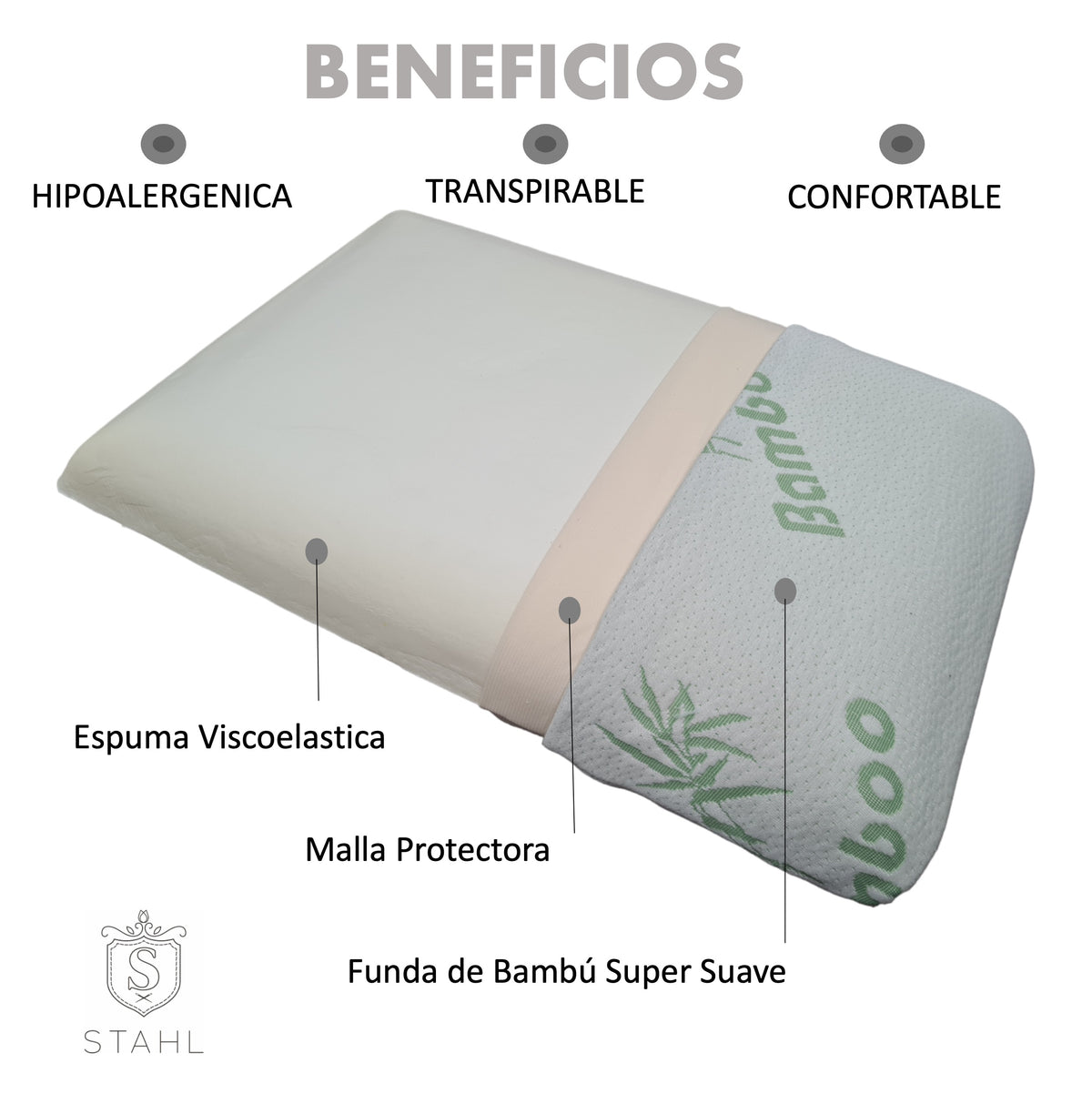 Almohada E-6050 de memory foam con funda de bambú, vista de tres cuartos