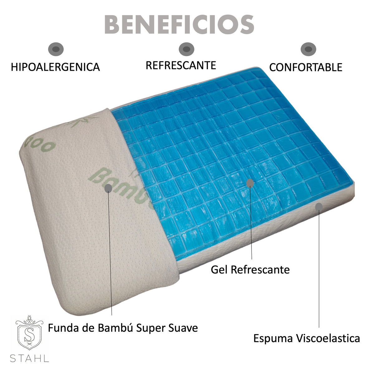Almohada E-6051 de memory foam con gel refrescante, vista de tres cuartos