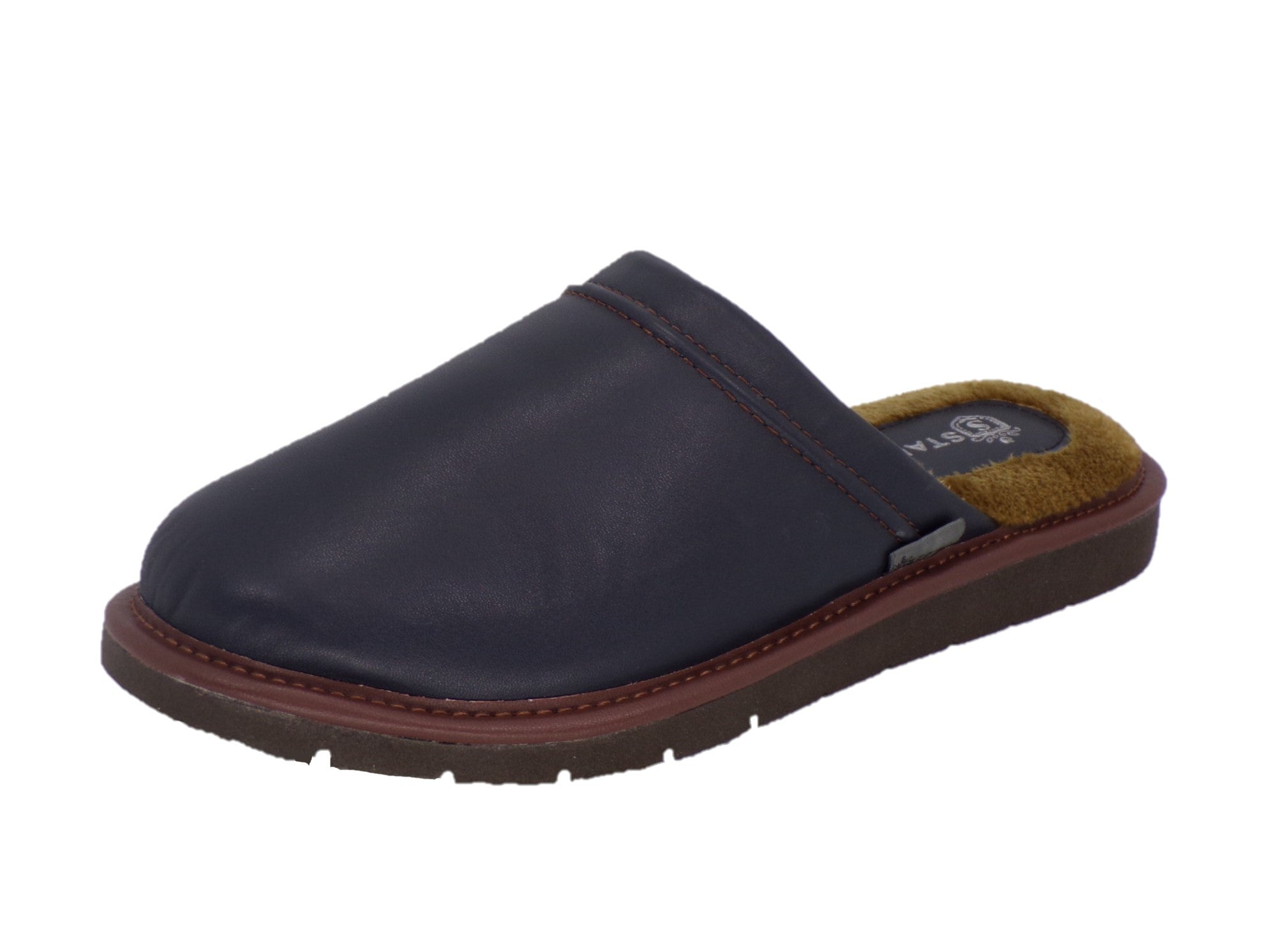 Pantuflas E-4747 de piel de borrego para hombre, detalle de la costura