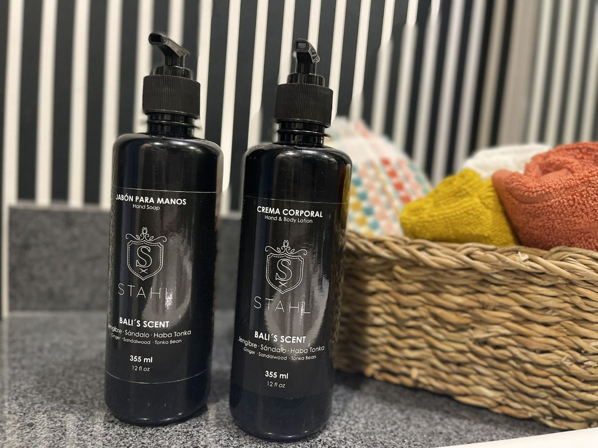 Kit de jabón líquido y crema para manos Stahl, vista de tres cuartos