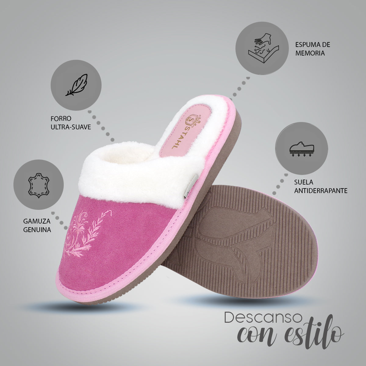 Pantuflas E-3802 de gamuza para mujer, suela antiderrapante